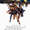 Illustrated 1963 movie poster for The Great Escape shows men running from a prison camp with a guard tower and searchlights in the background; barbed wire and the title appear below. Movie poster print available in A1 to A4 sizes.