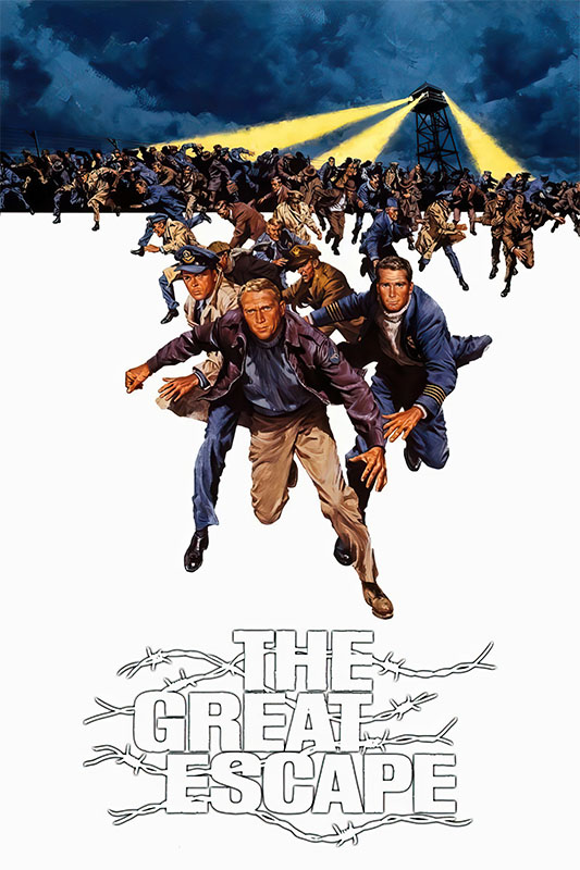 Product-Image_0006_The Great Escape.jpg Illustrated 1963 movie poster for The Great Escape shows men running from a prison camp with a guard tower and searchlights in the background; barbed wire and the title appear below. Movie poster print available in A1 to A4 sizes.