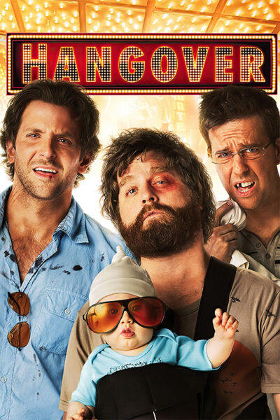 Three men and a baby stand in front of a lit HANGOVER sign, looking disheveled and confused, echoing the chaos of The Hangover 2009 movie. Movie poster print available in A1 to A4 sizes.