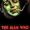A stylized illustration of a mans face in green light holding a lit cigarette; bold red text below reads Alfred Hitchcocks 1934 classic, The Man Who Knew Too Much. Movie poster print available in A1 to A4 sizes.