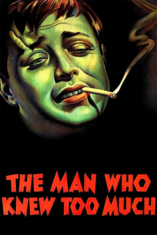 Product-Image_0006_The Man Who Knew Too Much.jpg A stylized illustration of a mans face in green light holding a lit cigarette; bold red text below reads Alfred Hitchcocks 1934 classic, The Man Who Knew Too Much. Movie poster print available in A1 to A4 sizes.