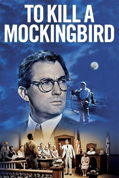 Movie poster for the 1962 movie To Kill a Mockingbird, showing a serious man in glasses, a courtroom scene, and a figure on a porch under a night sky with a full moon. Movie poster print available in A1 to A4 sizes.