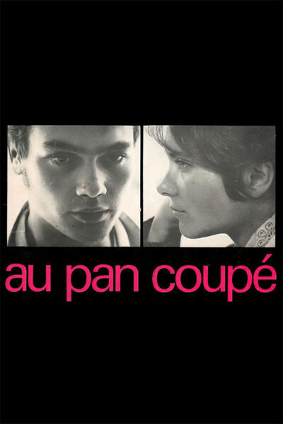 Black background with two black-and-white portraits: a man facing forward and a woman in profile. Pink text below reads Au pan coupé, echoing the striking contrast of the imagery above. Movie poster print available in A1 to A4 sizes.