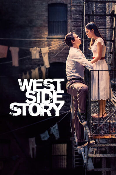 A man and woman face each other on a fire escape, with West Side Story text overlaid; laundry hangs in the background, evoking a classic scene from the 2021 movie musical film. Movie poster print available in A1 to A4 sizes.