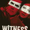 1957 movie poster for Witness for the Prosecution featuring two faces with red and white diagonal stripes and bold text at the bottom. Movie poster print available in A1 to A4 sizes.