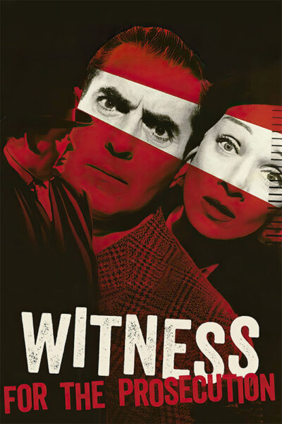 1957 movie poster for Witness for the Prosecution featuring two faces with red and white diagonal stripes and bold text at the bottom. Movie poster print available in A1 to A4 sizes.
