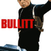 Poster for the 1968 movie Bullitt featuring Steve McQueen in a black turtleneck with a shoulder holster, his arm raised, three cars below, and the title BULLITT in bold red letters. Movie poster print available in A1 to A4 sizes.