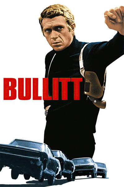 Poster for the 1968 movie Bullitt featuring Steve McQueen in a black turtleneck with a shoulder holster, his arm raised, three cars below, and the title BULLITT in bold red letters. Movie poster print available in A1 to A4 sizes.