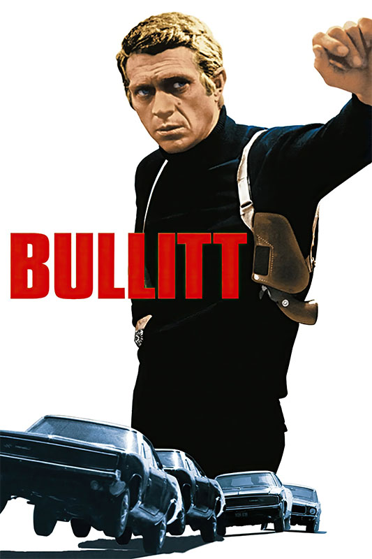 Product-Image_0007_Bullitt.jpg Poster for the 1968 movie Bullitt featuring Steve McQueen in a black turtleneck with a shoulder holster, his arm raised, three cars below, and the title BULLITT in bold red letters. Movie poster print available in A1 to A4 sizes.