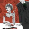 A woman in a ruffled dress smokes a cigarette at a table while a man in a suit and wide-brimmed hat leans beside her; Destry Rides Again, the classic 1939 movie, is written at the bottom. Movie poster print available in A1 to A4 sizes.