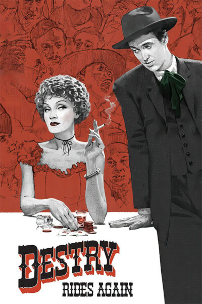Product-Image_0007_Destry Rides Again.jpg A woman in a ruffled dress smokes a cigarette at a table while a man in a suit and wide-brimmed hat leans beside her; Destry Rides Again, the classic 1939 movie, is written at the bottom. Movie poster print available in A1 to A4 sizes.