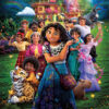 Poster for Encanto 2021 shows the Madrigal family, their magical house, and various animals in a colourful, lush setting. Movie poster print available in A1 to A4 sizes.