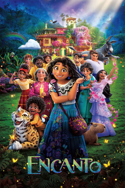 Poster for Encanto 2021 shows the Madrigal family, their magical house, and various animals in a colourful, lush setting. Movie poster print available in A1 to A4 sizes.