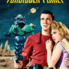 A man in a red uniform holds a futuristic weapon while comforting a woman; a robot and distant landscape are in the background. The title FORBIDDEN PLANET (1956) appears above them. Movie poster print available in A1 to A4 sizes.