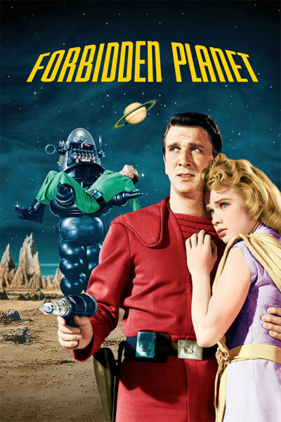 A man in a red uniform holds a futuristic weapon while comforting a woman; a robot and distant landscape are in the background. The title FORBIDDEN PLANET (1956) appears above them. Movie poster print available in A1 to A4 sizes.
