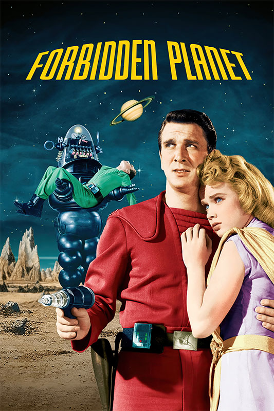 Product-Image_0007_Forbidden Planet.jpg A man in a red uniform holds a futuristic weapon while comforting a woman; a robot and distant landscape are in the background. The title FORBIDDEN PLANET (1956) appears above them. Movie poster print available in A1 to A4 sizes.