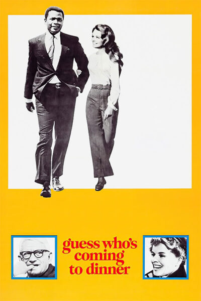 A man and a woman walk side by side above the title Guess Whos Coming to Dinner, with two headshots below them, all set against a yellow background in this classic movie. Movie poster print available in A1 to A4 sizes.