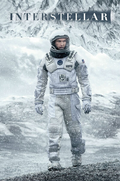 A person in a spacesuit stands in a snowy, mountainous landscape with Interstellar, the acclaimed 2014 sci-fi movie, written at the top. Movie poster print available in A1 to A4 sizes.