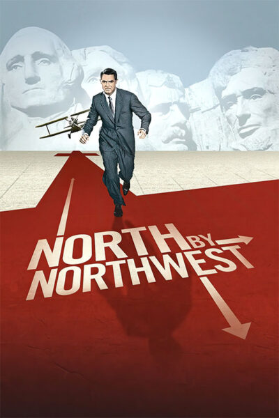 A man in a suit runs on a red arrow labeled North by Northwest, with Mount Rushmore and a biplane in the background—an iconic nod to Alfred Hitchcocks classic 1959 thriller. Movie poster print available in A1 to A4 sizes.