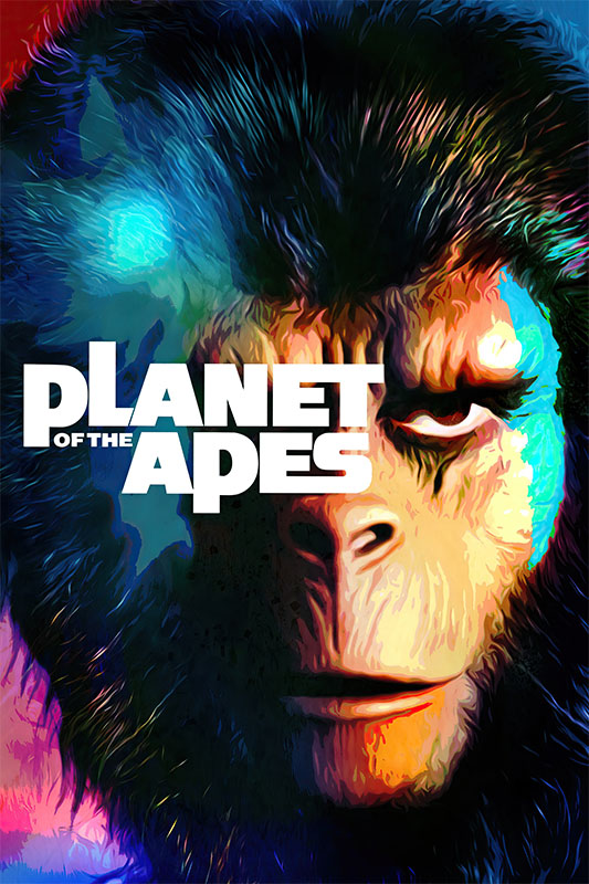 Product-Image_0007_Planet of the Apes.jpg A stylized close-up of an ape’s face with the text “Planet of the Apes” overlaid in bold white letters, capturing the iconic science fiction vibe of the 1968 movie. Movie poster print available in A1 to A4 sizes.