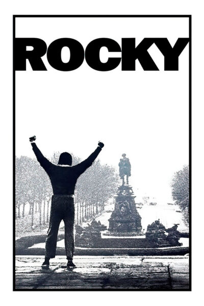 A person stands with arms raised facing a statue at the top of stone steps, with the word ROCKY in bold letters above—a tribute to the iconic 1976 movie starring Sylvester Stallone. Movie poster print available in A1 to A4 sizes.