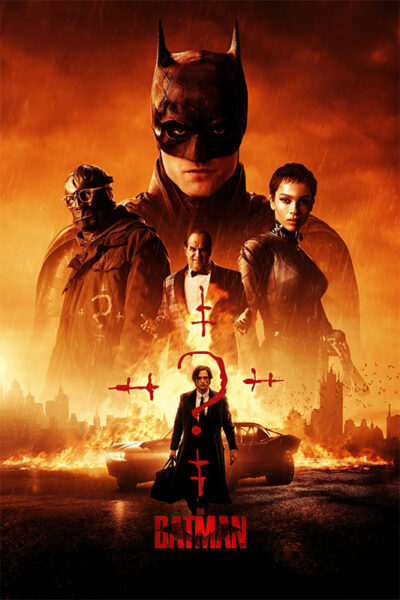 Poster for The Batman movie featuring Batman, Catwoman, the Riddler, and Penguin standing before a burning cityscape with a car and red question marks. Movie poster print available in A1 to A4 sizes.
