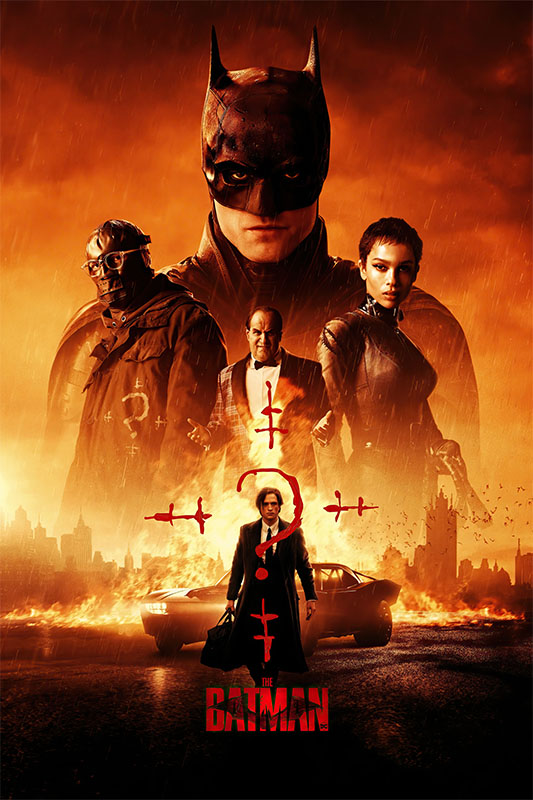 Product-Image_0007_The Batman.jpg Poster for The Batman movie featuring Batman, Catwoman, the Riddler, and Penguin standing before a burning cityscape with a car and red question marks. Movie poster print available in A1 to A4 sizes.