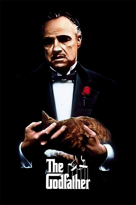 Product-Image_0007_The Godfather.jpg A man in a tuxedo with a red rose on his lapel holds a brown cat in his hands. Below him, text reads The Godfather, referencing the iconic 1972 film, with a puppet hand logo. Movie poster print available in A1 to A4 sizes.