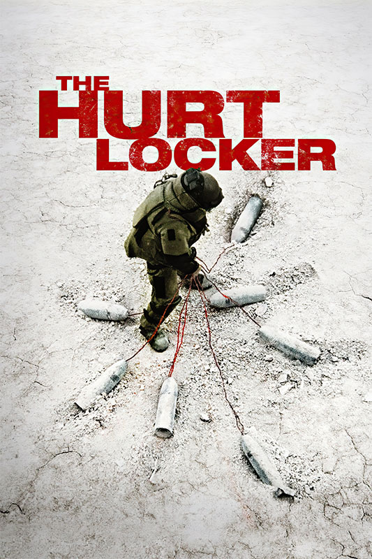 A soldier in bomb disposal gear stands on sandy ground, handling red wires connected to several buried bombs, with The Hurt Locker (2008) title above. Movie poster print available in A1 to A4 sizes.