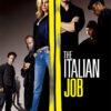 Movie poster for The Italian Job (2003 movie) featuring six characters standing against a dark background with a vertical yellow streak dividing the image. The movie title is displayed on the right. Movie poster print available in A1 to A4 sizes.