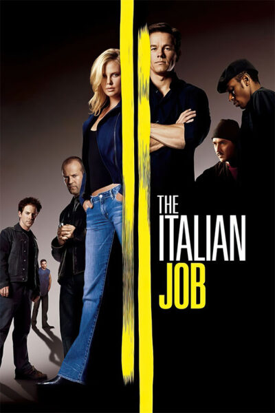 Movie poster for The Italian Job (2003 movie) featuring six characters standing against a dark background with a vertical yellow streak dividing the image. The movie title is displayed on the right. Movie poster print available in A1 to A4 sizes.