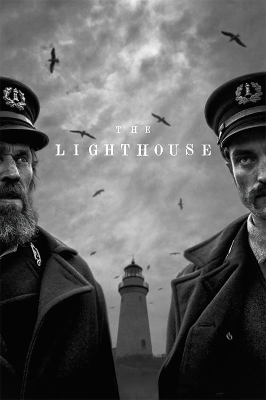 Product-Image_0007_The Lighthouse.jpg Black and white movie poster for The Lighthouse film shows two men in sailors uniforms standing in front of a lighthouse with birds flying in the cloudy sky. Movie poster print available in A1 to A4 sizes.