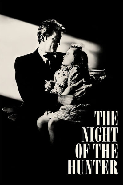 A man in a suit holds a young girl with a doll on his lap, both illuminated by a beam of light. Text reads: The Night of the Hunter. Movie poster print available in A1 to A4 sizes.