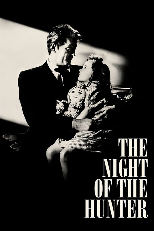 Product-Image_0007_The Night of the Hunter.jpg A man in a suit holds a young girl with a doll on his lap, both illuminated by a beam of light. Text reads: The Night of the Hunter. Movie poster print available in A1 to A4 sizes.