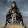 Movie poster for the 2022 film The Northman featuring four main characters in Viking attire, with ships and a dramatic sky in the background, and a lone figure standing on a rock in the foreground. Movie poster print available in A1 to A4 sizes.