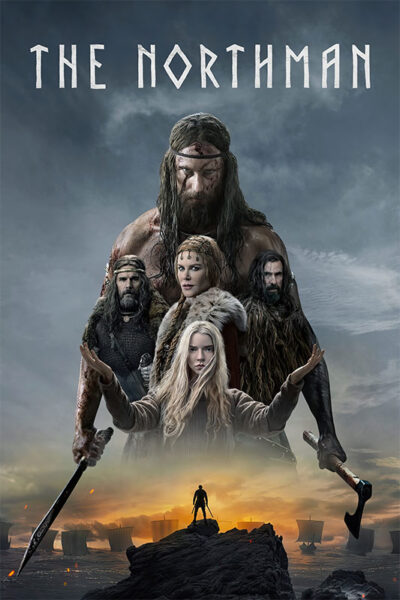 Movie poster for the 2022 film The Northman featuring four main characters in Viking attire, with ships and a dramatic sky in the background, and a lone figure standing on a rock in the foreground. Movie poster print available in A1 to A4 sizes.
