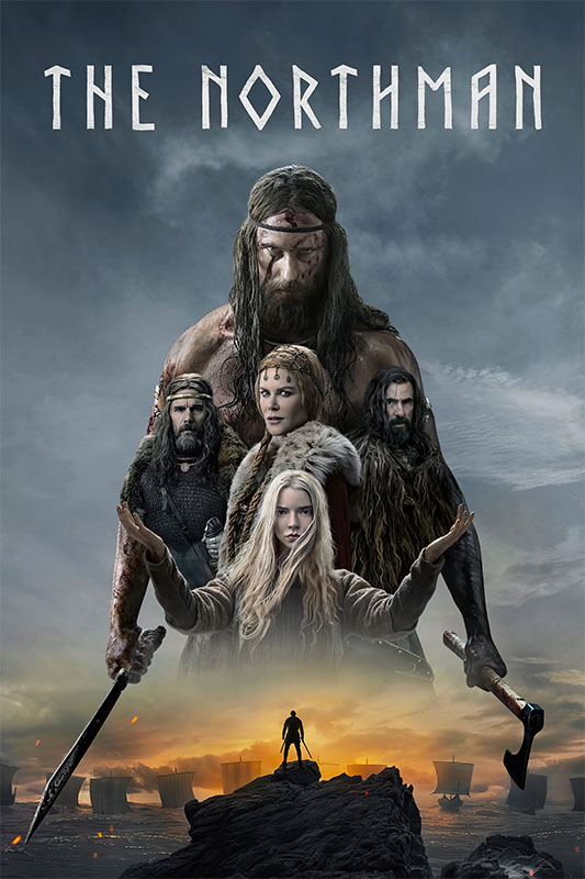 Product-Image_0007_The Northman.jpg Movie poster for the 2022 film The Northman featuring four main characters in Viking attire, with ships and a dramatic sky in the background, and a lone figure standing on a rock in the foreground. Movie poster print available in A1 to A4 sizes.