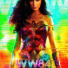 A woman in gold armour and a tiara stands confidently in front of a colourful, glitchy background, with Wonder Woman 1984 and WW84 text at the bottom, representing the bold style of the 2020 movie. Movie poster print available in A1 to A4 sizes.