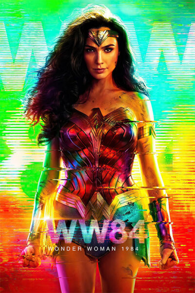 A woman in gold armour and a tiara stands confidently in front of a colourful, glitchy background, with Wonder Woman 1984 and WW84 text at the bottom, representing the bold style of the 2020 movie. Movie poster print available in A1 to A4 sizes.