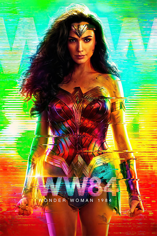 Product-Image_0007_Wonder Woman 1984.jpg A woman in gold armour and a tiara stands confidently in front of a colourful, glitchy background, with Wonder Woman 1984 and WW84 text at the bottom, representing the bold style of the 2020 movie. Movie poster print available in A1 to A4 sizes.