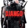 Three men in period clothing stand against a white background with red accents, as the text Django Unchained highlights this iconic 2012 movie. Movie poster print available in A1 to A4 sizes.