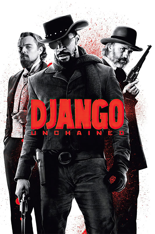 Three men in period clothing stand against a white background with red accents, as the text Django Unchained highlights this iconic 2012 movie. Movie poster print available in A1 to A4 sizes.