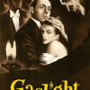 A vintage movie poster for the classic film Gaslight features three formally dressed people in an embrace, a lit gas lamp, and the bold yellow Gaslight movie title at the bottom. Movie poster print available in A1 to A4 sizes.