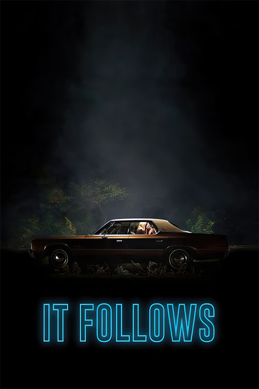 Product-Image_0008_It Follows.jpg A car is parked in the dark with two people kissing inside; below, “IT FOLLOWS” appears in large blue letters, referencing the 2014 horror movie It Follows. Movie poster print available in A1 to A4 sizes.