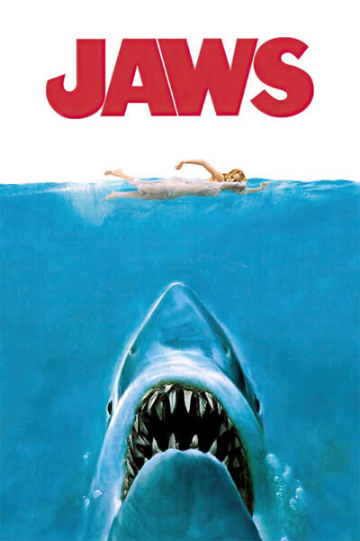 A swimmer on the ocean surface with a large shark approaching from below; the word JAWS in bold red letters at the top. Movie poster print available in A1 to A4 sizes.