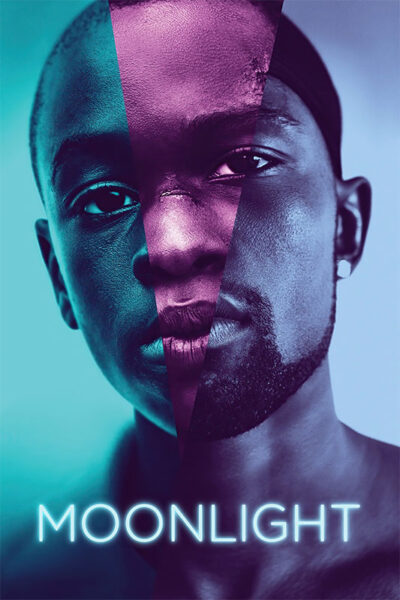 A split-image poster for the 2016 movie Moonlight, showing two faces of a Black male at different ages, with blue and purple lighting, and the title MOONLIGHT at the bottom. Movie poster print available in A1 to A4 sizes.