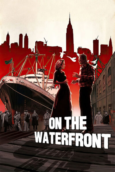 Illustrated poster for On the Waterfront shows a man and woman talking on a dock, with a ship, workers, and city skyline in the background under a red sky—capturing the tension of the iconic 1954 film starring Marlon Brando. Movie poster print available in A1 to A4 sizes.