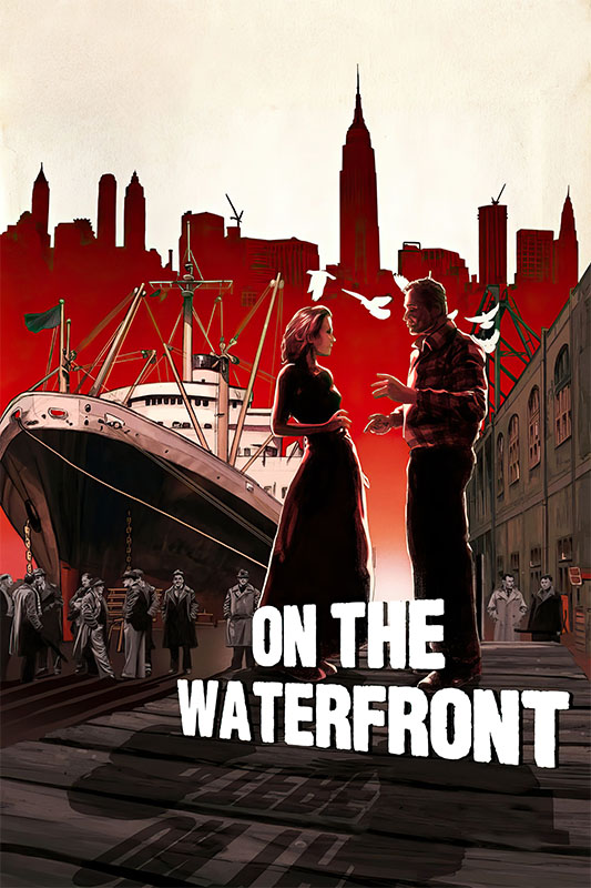 Product-Image_0008_On the Waterfront.jpg Illustrated poster for On the Waterfront shows a man and woman talking on a dock, with a ship, workers, and city skyline in the background under a red sky—capturing the tension of the iconic 1954 film starring Marlon Brando. Movie poster print available in A1 to A4 sizes.