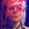 A woman stands behind glass with Promising Young Woman and a lipstick mark written on it in bright pink lipstick, referencing the 2020 movie. She holds a lipstick tube up in the foreground. Movie poster print available in A1 to A4 sizes.