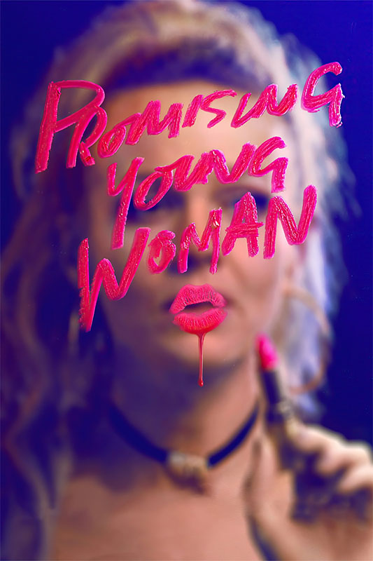 Product-Image_0008_Promising Young Woman.jpg A woman stands behind glass with Promising Young Woman and a lipstick mark written on it in bright pink lipstick, referencing the 2020 movie. She holds a lipstick tube up in the foreground. Movie poster print available in A1 to A4 sizes.